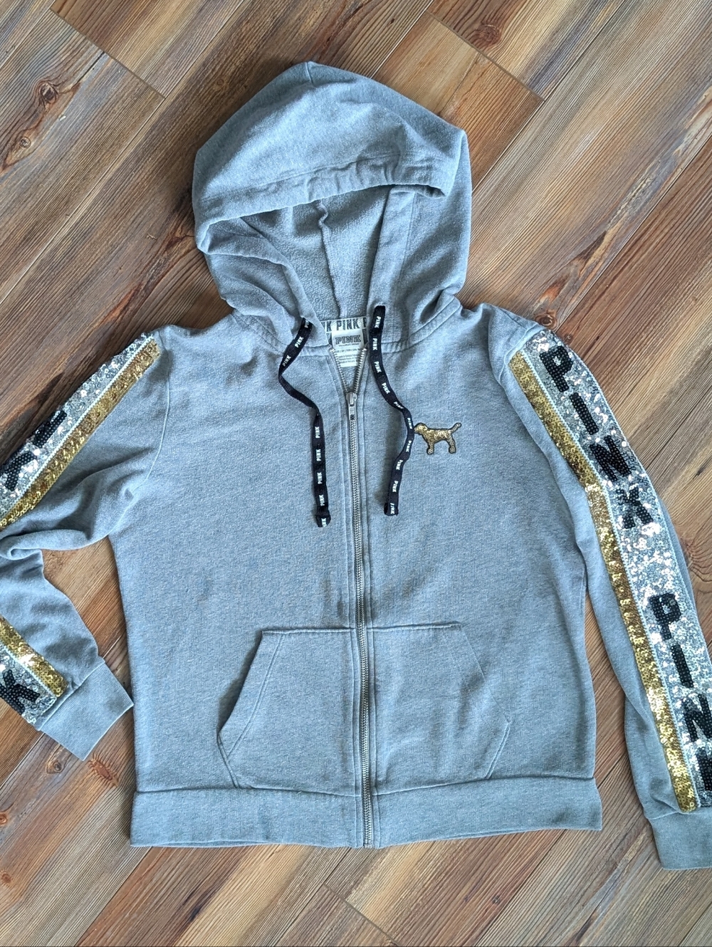 PINK Gray Hoodie with Black Drawstrings and Gold Sequin Dog Patch